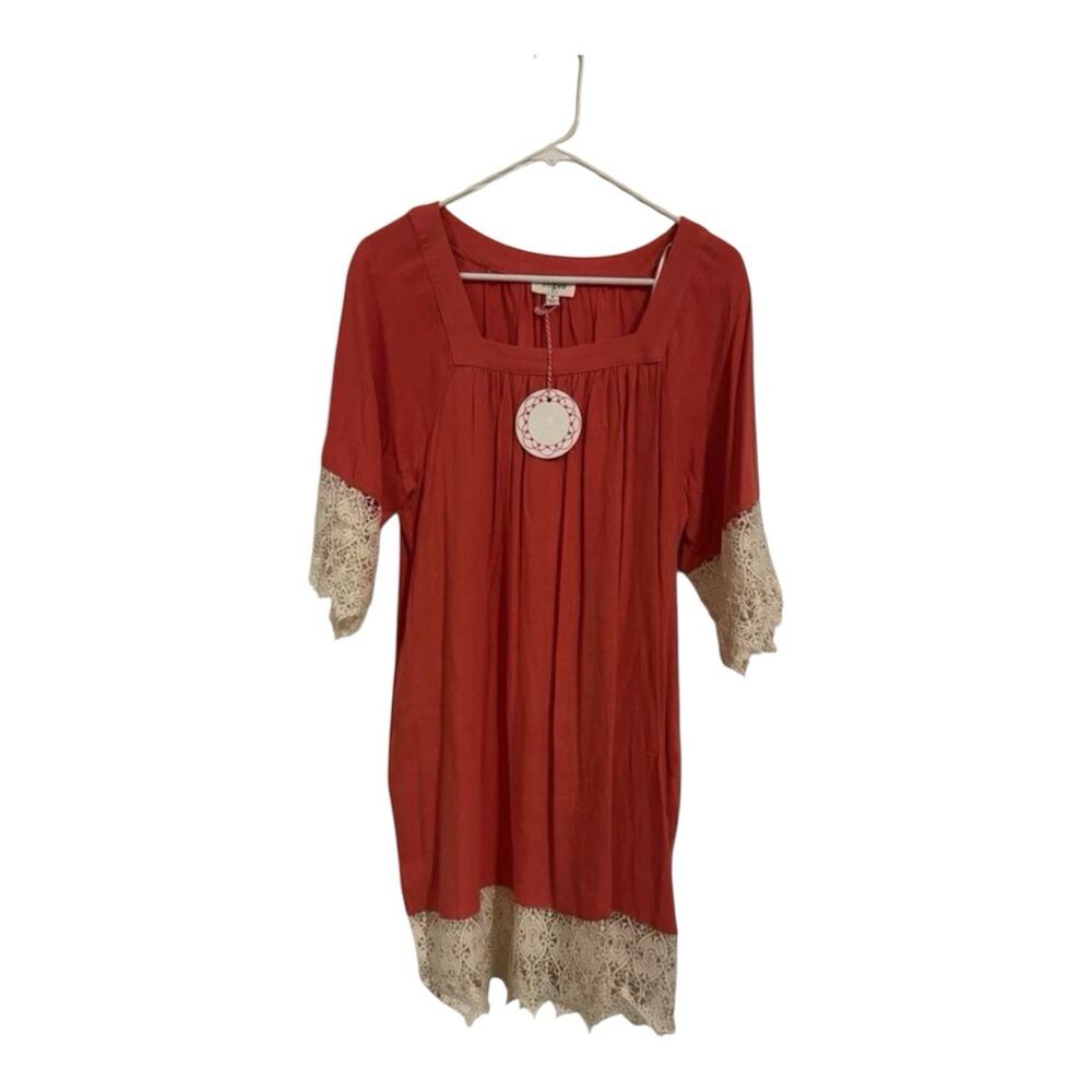 Umgee Rust Crochet Lace Trim Boho Cottagecore Shift Dress Women's Medium - Picture 2 of 5